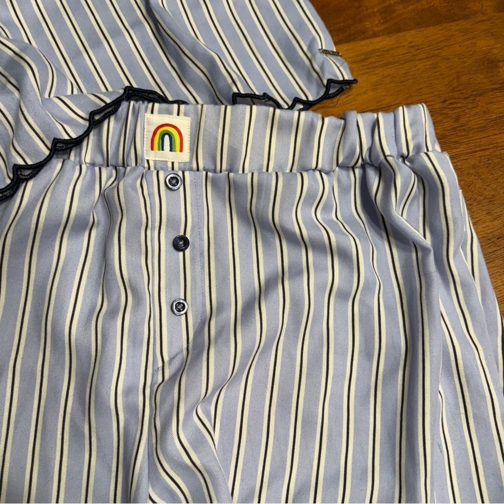 Rae Dunn happy Blue White Striped Pajama Set - Picture 2 of 9